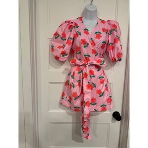 Caroline Bosmans Girls Pink Red Smiley Flower Wrap Dress Puff Sleeve Size 12